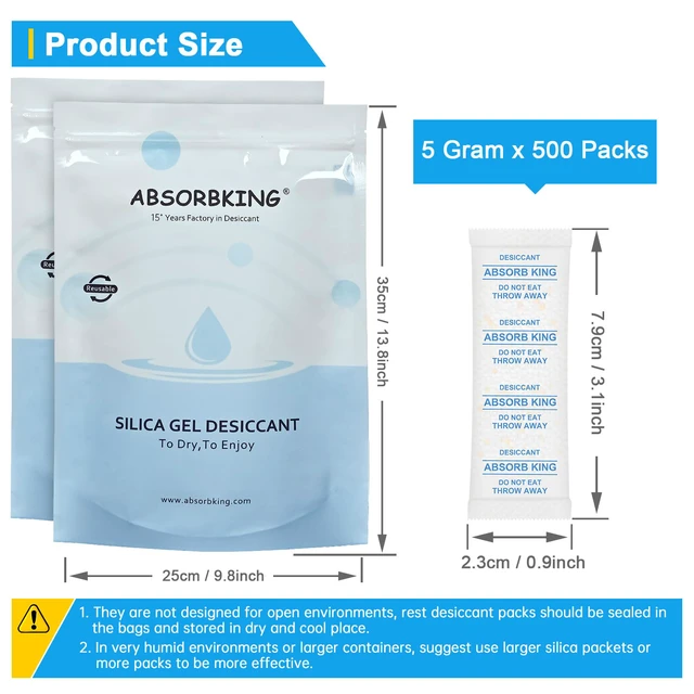 Alt view image 2 of 7 - Silica Gel Packets 500 Packs 5 Gram Moisture Absorbers Food Grade Silica Packets, Premium Desiccant Packs for Storage, Color Indicating Desiccant for Spices, Jewelry, Shoes, Electronics, Tool Box