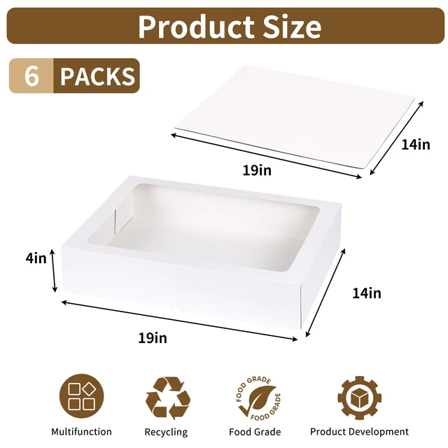 Alt view image 2 of 7 - 6pcs 19x14x4In Large Half Sheet Cake Boxes with Thick Cake Boards Clear Window, White Rectangle Bakery Boxes for Cake Pastry Baking, Cupcake, Muffins, Pie