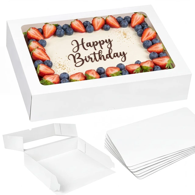 Main image of 6pcs 19x14x4In Large Half Sheet Cake Boxes with Thick Cake Boards Clear Window, White Rectangle Bakery Boxes for Cake Pastry Baking, Cupcake, Muffins, Pie