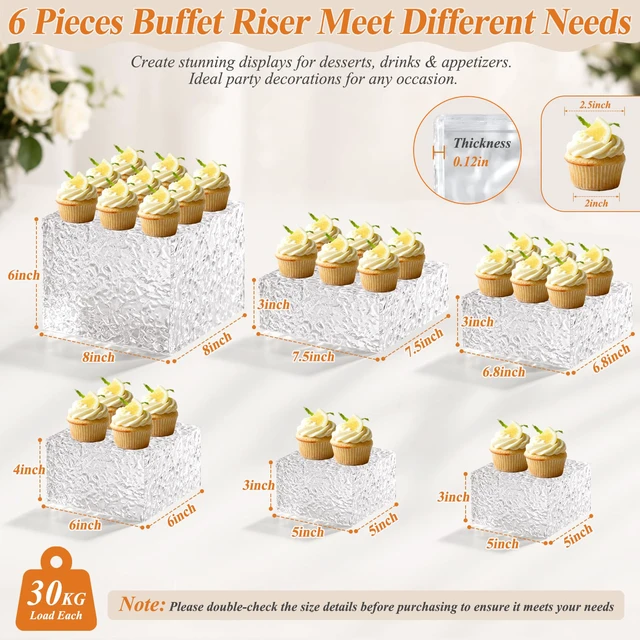 Alt view image 2 of 7 - Acrylic Buffet Risers with Mini Sign and Maker, Clear Hammered Water Ripple Dessert Display Stands for Catering Cakes Cupcakes Desserts Drinks Décor Acrylic Display Risers Stackable Nesting Storage