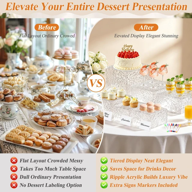 Alt view image 3 of 7 - Acrylic Buffet Risers with Mini Sign and Maker, Clear Hammered Water Ripple Dessert Display Stands for Catering Cakes Cupcakes Desserts Drinks Décor Acrylic Display Risers Stackable Nesting Storage