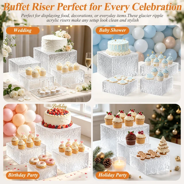 Alt view image 4 of 7 - Acrylic Buffet Risers with Mini Sign and Maker, Clear Hammered Water Ripple Dessert Display Stands for Catering Cakes Cupcakes Desserts Drinks Décor Acrylic Display Risers Stackable Nesting Storage