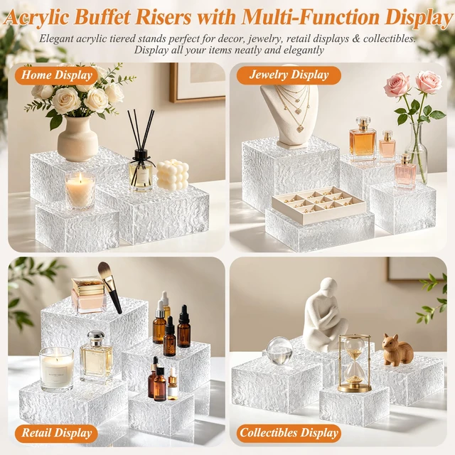 Alt view image 5 of 7 - Acrylic Buffet Risers with Mini Sign and Maker, Clear Hammered Water Ripple Dessert Display Stands for Catering Cakes Cupcakes Desserts Drinks Décor Acrylic Display Risers Stackable Nesting Storage
