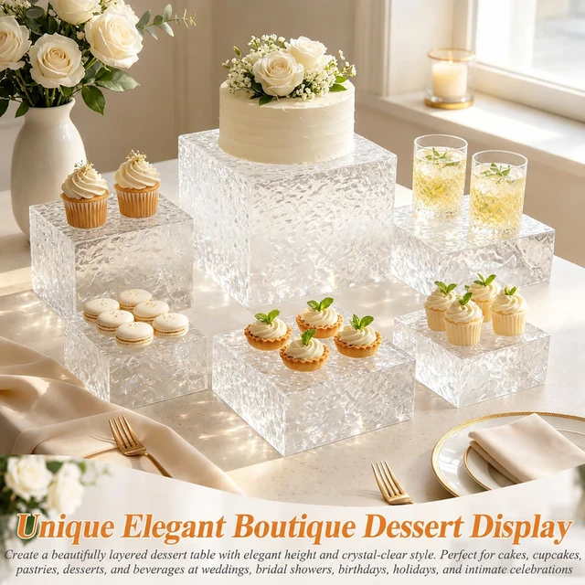 Alt view image 6 of 7 - Acrylic Buffet Risers with Mini Sign and Maker, Clear Hammered Water Ripple Dessert Display Stands for Catering Cakes Cupcakes Desserts Drinks Décor Acrylic Display Risers Stackable Nesting Storage