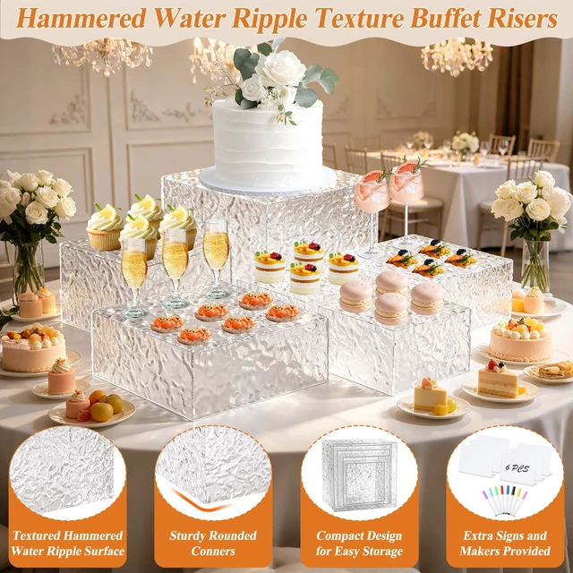 Alt view image 7 of 7 - Acrylic Buffet Risers with Mini Sign and Maker, Clear Hammered Water Ripple Dessert Display Stands for Catering Cakes Cupcakes Desserts Drinks Décor Acrylic Display Risers Stackable Nesting Storage