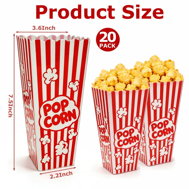 Alt view image 2 of 5 - 20 Pack Plastic Popcorn Containers, Reusable Popcorn Boxes 7.5" Tall and 3.6" Square Popcorn Buckets, For Popcorn Machine, Movie Night, Party, Carnival, Home, Concessions