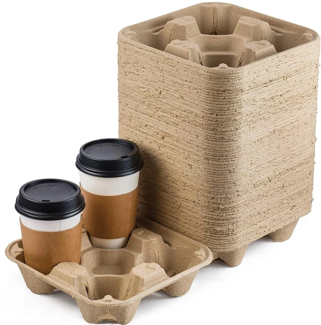 Main image of 4 Cup Disposable Drink Carrier Trays, 45 Pack Compostable Pulp Fiber Cup Holder for 8-32 oz Cup, Durable to Go Coffee Cup Holders for Delivery Service, Uber Eats