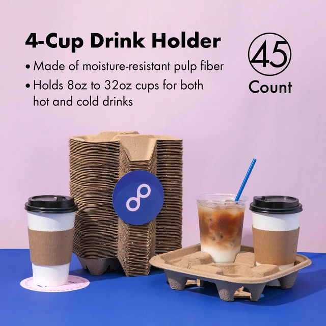 Alt view image 3 of 7 - 4 Cup Disposable Drink Carrier Trays, 45 Pack Compostable Pulp Fiber Cup Holder for 8-32 oz Cup, Durable to Go Coffee Cup Holders for Delivery Service, Uber Eats