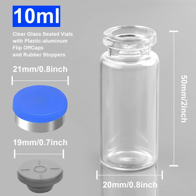 Alt view image 2 of 7 - 10ml Sealed Sterile Glass Empty Vials for Injection, 50 Pack Peptide Vial with Self Healing Injection Port and Plastic-Aluminum Flip Caps