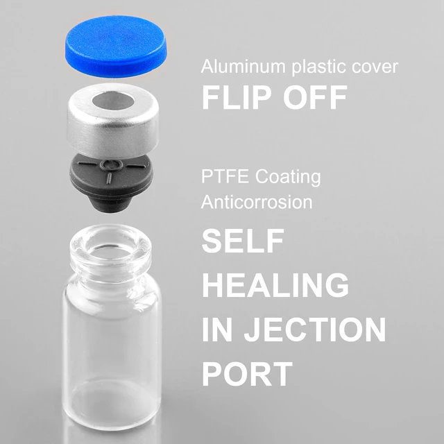 Alt view image 3 of 7 - 3ml Sealed Sterile Glass Empty Vials for Injection, 50 Pack Peptide Vial with Self Healing Injection Port and Plastic-Aluminum Flip Caps
