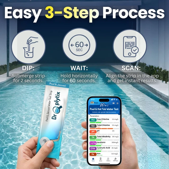 Alt view image 2 of 7 - 10-in-1 Pool & Spa Water Test Kit with App, Hot Tub, Saltwater, Chlorine, Cyanuric Acid, Alkalinity, Hardness, pH, Nitrate, Sulfate, Digital Water Quality Testing Strips (DXPOOL-R10-S10)
