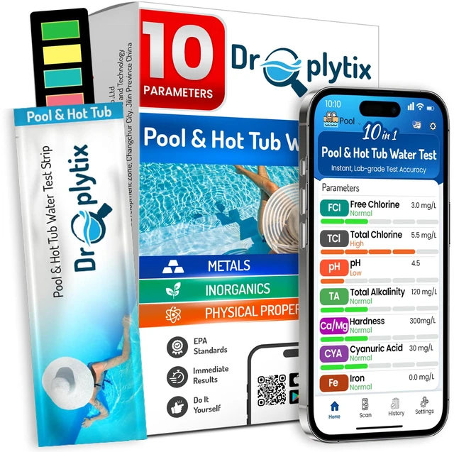 Main image of 10-in-1 Pool & Spa Water Test Kit with App, Hot Tub, Saltwater, Chlorine, Cyanuric Acid, Alkalinity, Hardness, pH, Nitrate, Sulfate, Digital Water Quality Testing Strips (DXPOOL-R10-S10)