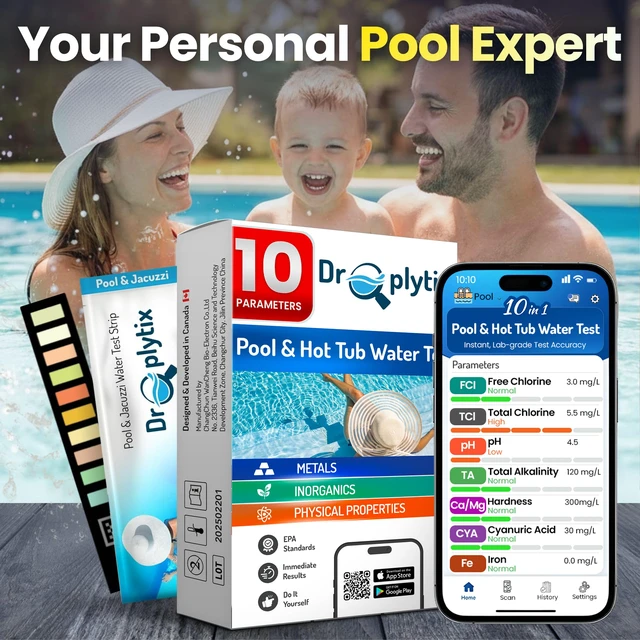 Alt view image 5 of 7 - 10-in-1 Pool & Spa Water Test Kit with App, Hot Tub, Saltwater, Chlorine, Cyanuric Acid, Alkalinity, Hardness, pH, Nitrate, Sulfate, Digital Water Quality Testing Strips (DXPOOL-R10-S10)
