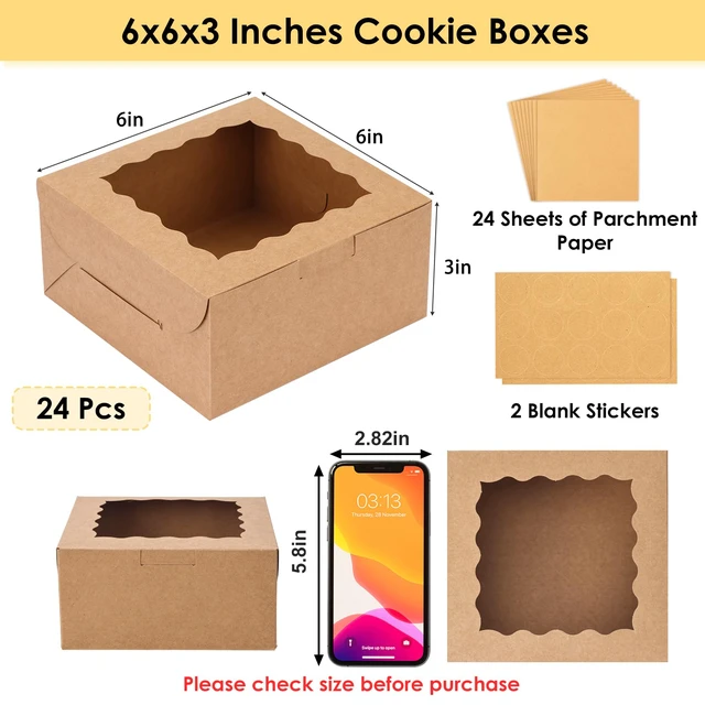 Alt view image 2 of 7 - 24pcs Cookie Boxes with Window, 6x6x3 In Brown Bakery Boxes Treat Boxes with 24 Parchment Papers & Blank Kraft Stickers, Dessert Containers for Cupcakes, Muffins, Candy, Donuts