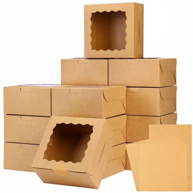 Main image of 24pcs Cookie Boxes with Window, 6x6x3 In Brown Bakery Boxes Treat Boxes with 24 Parchment Papers & Blank Kraft Stickers, Dessert Containers for Cupcakes, Muffins, Candy, Donuts