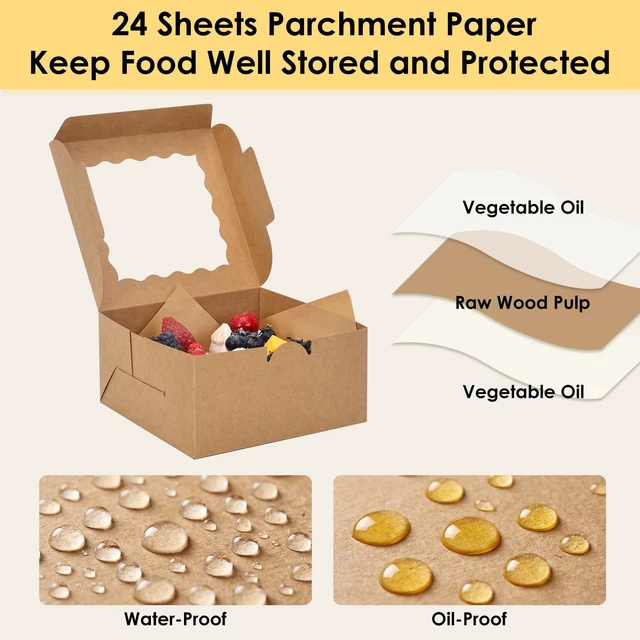Alt view image 3 of 7 - 24pcs Cookie Boxes with Window, 6x6x3 In Brown Bakery Boxes Treat Boxes with 24 Parchment Papers & Blank Kraft Stickers, Dessert Containers for Cupcakes, Muffins, Candy, Donuts