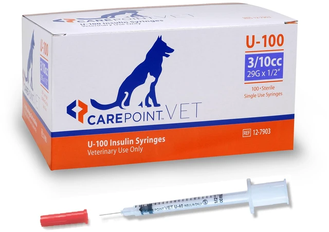 Main image of U-100 Pet Insulin Syringes, 29G x 1/2" 3/10cc, Comfortable Injection, Bold Permanent Markings for Accurate Dosage, Disposable, Box of 100