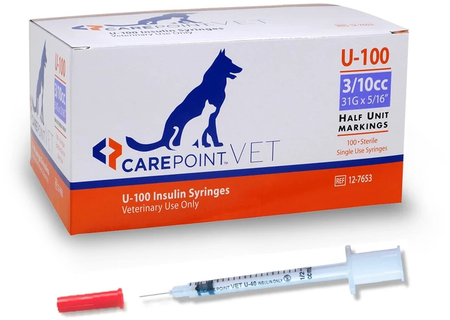 Main image of U-100 Pet Insulin Syringes, 31G x 5/16" 3/10cc, Comfortable Injection, Bold Permanent Markings for Accurate Dosage, Disposable, Box of 100
