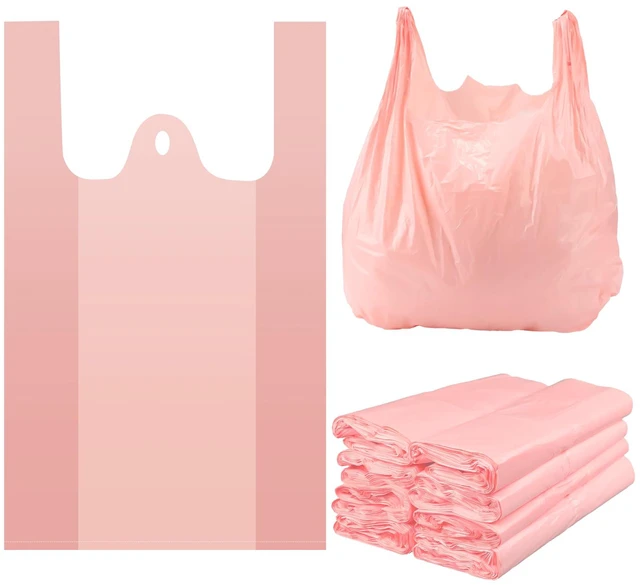 Main image of Jumbo Size Plastic T Shirt Bags, 25" X 15", Pink, 400 Count 35 Mic, Large Plain Plastic T Shirt Grocery Bags with Handles, Thick and Heavy Duty