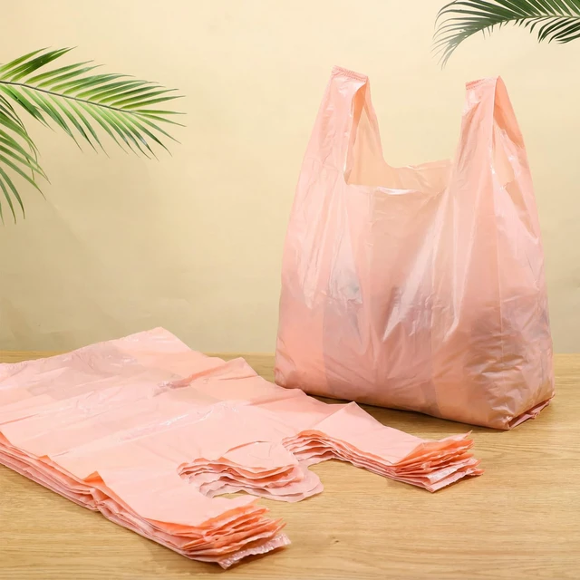 Alt view image 2 of 6 - Jumbo Size Plastic T Shirt Bags, 25" X 15", Pink, 400 Count 35 Mic, Large Plain Plastic T Shirt Grocery Bags with Handles, Thick and Heavy Duty