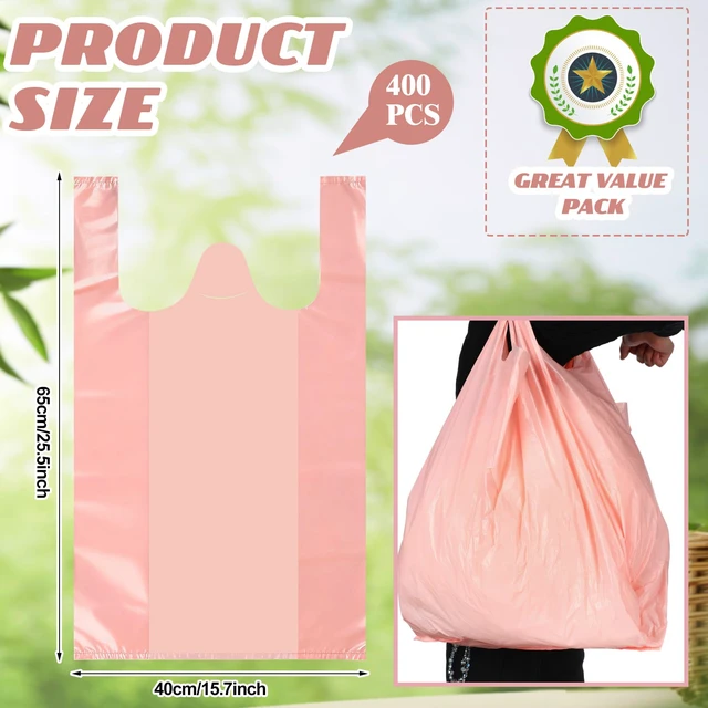 Alt view image 3 of 6 - Jumbo Size Plastic T Shirt Bags, 25" X 15", Pink, 400 Count 35 Mic, Large Plain Plastic T Shirt Grocery Bags with Handles, Thick and Heavy Duty
