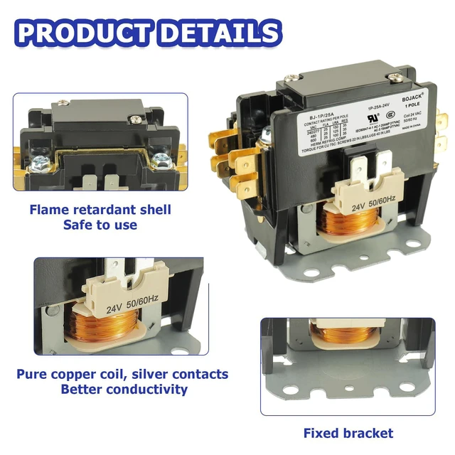 Alt view image 5 of 6 - 1 Poles FLA 25 Amp Coil 24 VAC Air Conditioner Condenser Compressor Contactor AC Definite Purpose Contactor