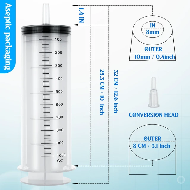 Alt view image 3 of 7 - 1000ml/cc Syringes with Tube 40 Inch Handy Plastic Tubing and Adapter Tip for Liquid, Refilling Measuring, Dispensing Watering, Plant Irrigation, Feeding Pets, Oil or Glue Applicator