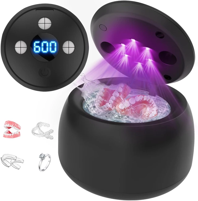 Main image of Ultrasonic Retainer Cleaner Machine with UV Light - 45kHz Deep Cleaning Pod for Dentures, Aligners, Night Guards - Includes Cleaning Brush, 200ml Capacity (Black)