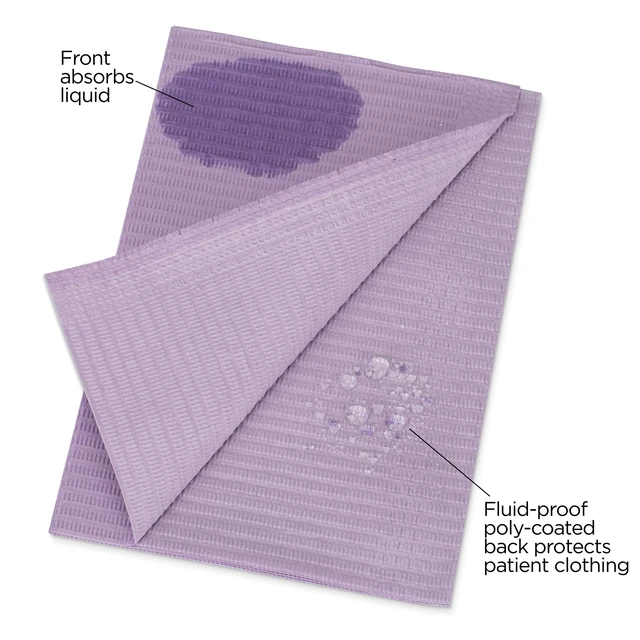Alt view image 2 of 4 - 125 Pack Lavender Disposable Patient Bibs, 18" x 13", 3 Ply Waterproof Paper Bib Sheet with Poly Back, Dental, Medical, Tattoo, Nail Tray or Table Cover, 125 Pack