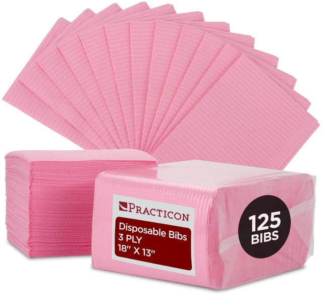 Main image of 125 Pack Pink Disposable Patient Bibs, 18" x 13", 3 Ply Waterproof Paper Bib Sheet with Poly Back, Dental, Medical, Tattoo, Nail Tray or Table Cover, 125 Pack