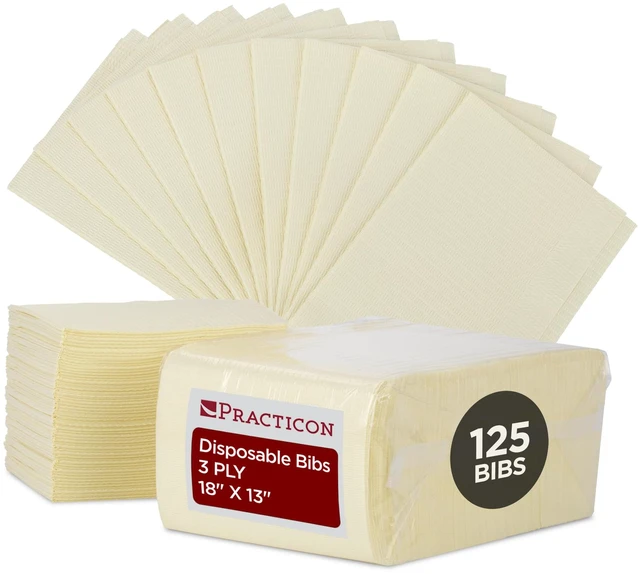 Main image of 125 Pack Cream Disposable Patient Bibs, 18" x 13", 3 Ply Waterproof Paper Bib Sheet with Poly Back, Dental, Medical, Tattoo, Nail Tray or Table Cover, 125 Pack