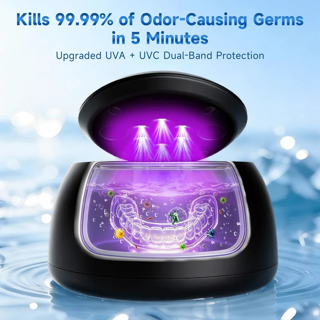 Alt view image 4 of 7 - Ultrasonic Retainer Cleaner Machine with UV Light - 45kHz Deep Cleaning Pod for Dentures, Aligners, Night Guards - Includes Cleaning Brush, 200ml Capacity (Black)
