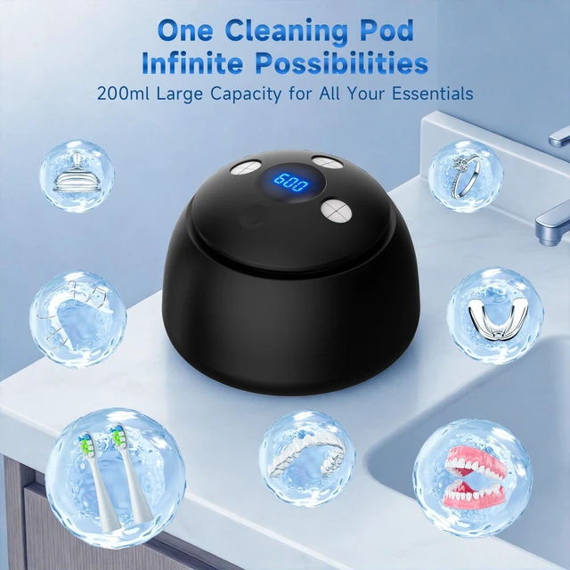 Alt view image 3 of 7 - Ultrasonic Retainer Cleaner Machine with UV Light - 45kHz Deep Cleaning Pod for Dentures, Aligners, Night Guards - Includes Cleaning Brush, 200ml Capacity (Black)