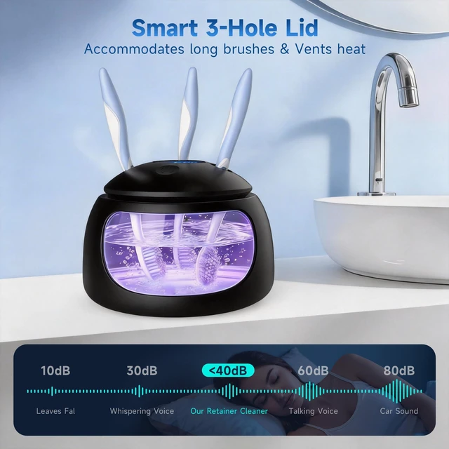 Alt view image 6 of 7 - Ultrasonic Retainer Cleaner Machine with UV Light - 45kHz Deep Cleaning Pod for Dentures, Aligners, Night Guards - Includes Cleaning Brush, 200ml Capacity (Black)