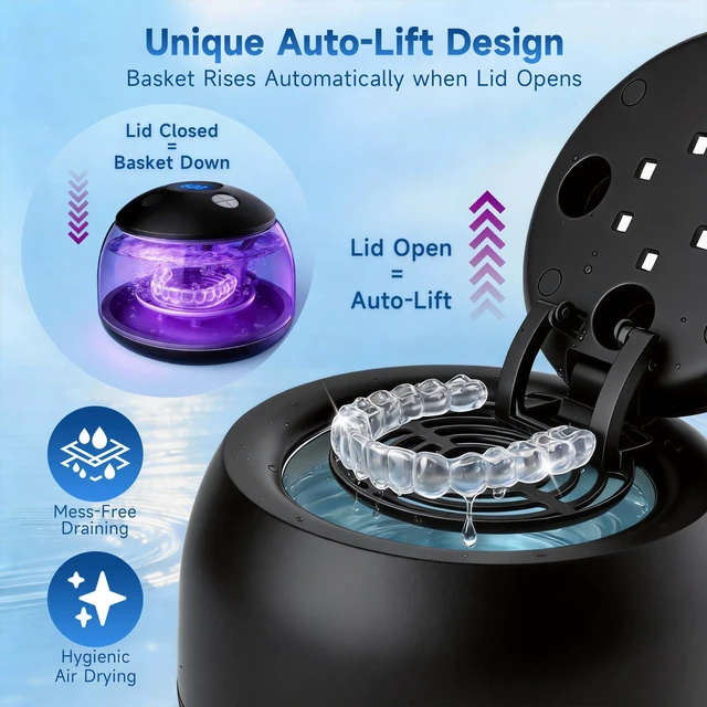 Alt view image 7 of 7 - Ultrasonic Retainer Cleaner Machine with UV Light - 45kHz Deep Cleaning Pod for Dentures, Aligners, Night Guards - Includes Cleaning Brush, 200ml Capacity (Black)