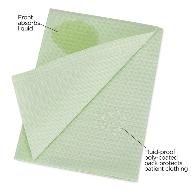Alt view image 2 of 4 - 125 Pack Green Disposable Patient Bibs, 18" x 13", 3 Ply Waterproof Paper Bib Sheet with Poly Back, Dental, Medical, Tattoo, Nail Tray or Table Cover, 125 Pack