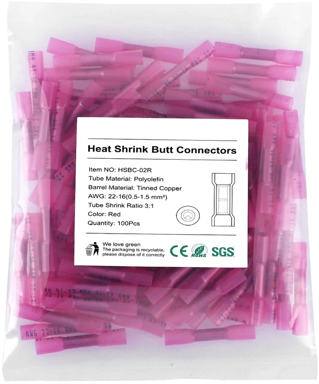 Main image of 200PCS Red Heat Shrink Butt Wire Connectors 22-16 AWG, Insulated Waterproof Electrical Wire Connectors Automotive Marine Grade Wire Crimp Terminals Butt Splices, Ideal for Boat, Truck