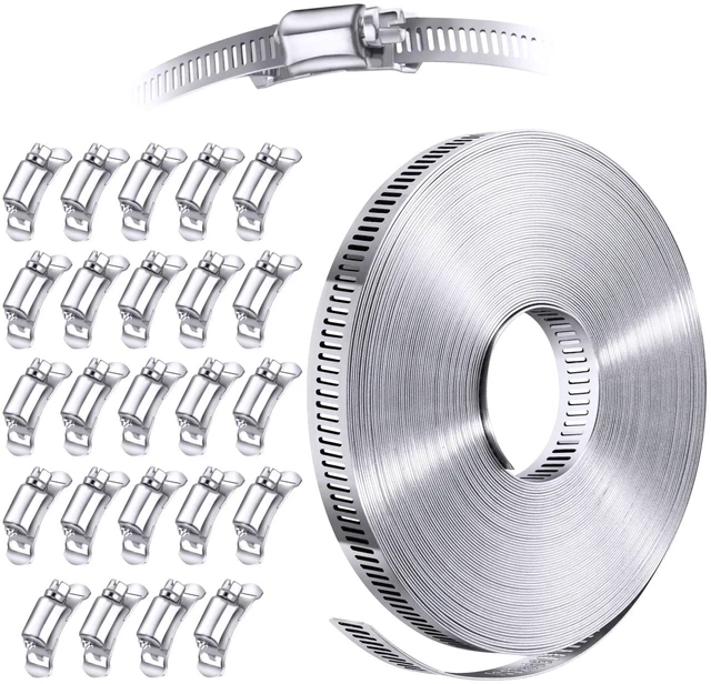 Main image of Stainless Steel Worm Gear Hose Clamp Assortment Kit, Cut-To-Fit DIY 50FT Strap+24 Fasteners, Large Adjustable Band Clamps Strapping for Pole Mount, HVAC Duct Pipe, Muffler, Segmented Rings