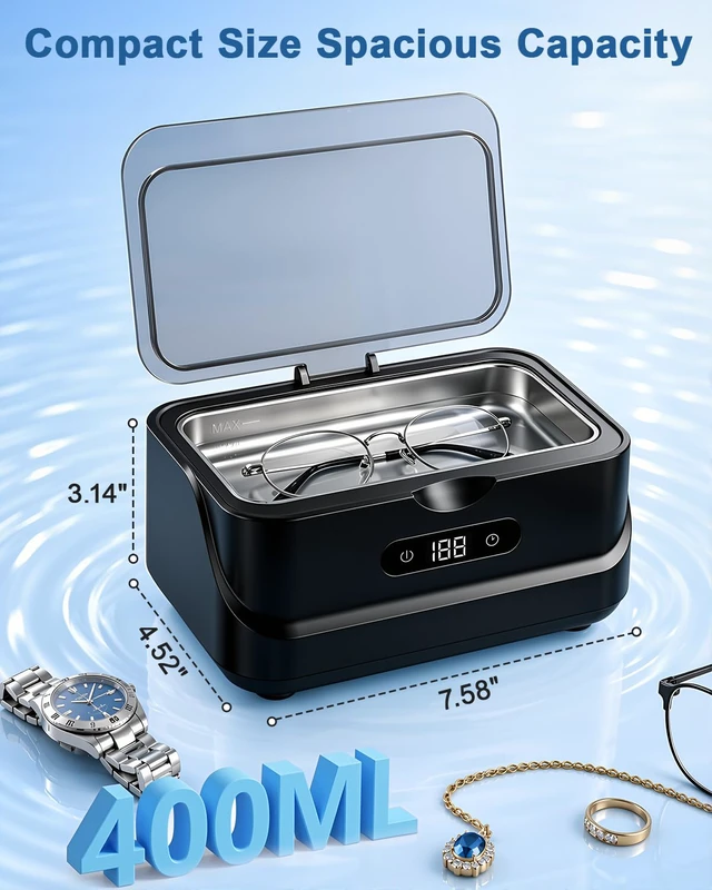 Alt view image 4 of 7 - Ultrasonic Jewelry Cleaner 48KHz Ultra Sonic Cleaning Machine For Ring/Eyeglass/Silver Jewelry/Watch Band/Dentures Retainers 4 Cleaning Modes & Display 400ml 304 Tank Gift for Women