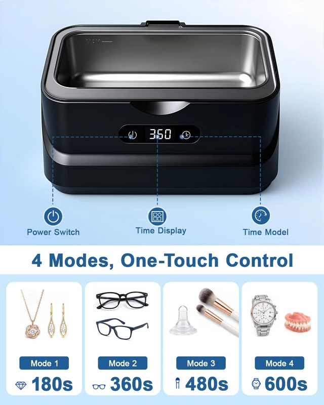 Alt view image 6 of 7 - Ultrasonic Jewelry Cleaner 48KHz Ultra Sonic Cleaning Machine For Ring/Eyeglass/Silver Jewelry/Watch Band/Dentures Retainers 4 Cleaning Modes & Display 400ml 304 Tank Gift for Women