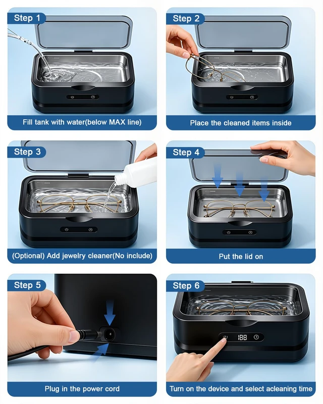 Alt view image 7 of 7 - Ultrasonic Jewelry Cleaner 48KHz Ultra Sonic Cleaning Machine For Ring/Eyeglass/Silver Jewelry/Watch Band/Dentures Retainers 4 Cleaning Modes & Display 400ml 304 Tank Gift for Women