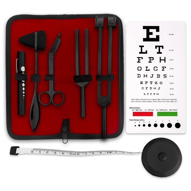 Main image of Premium 7 Piece Tactical Black Diagnostic Kit - Taylor Hammer, Measuring Tape, Tuning Forks, Bandage Scissors, Pupil Gauge Penlight, Snellen Eye Chart (Black)