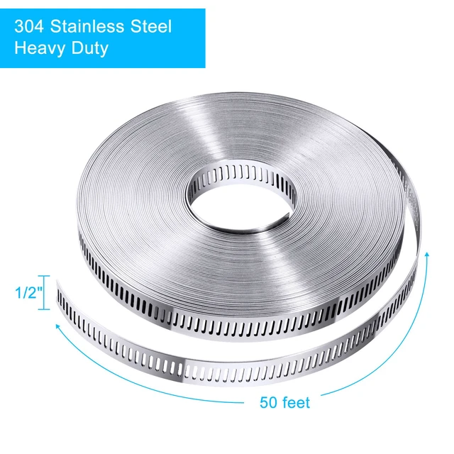 Alt view image 4 of 6 - Stainless Steel Worm Gear Hose Clamp Assortment Kit, Cut-To-Fit DIY 50FT Strap+24 Fasteners, Large Adjustable Band Clamps Strapping for Pole Mount, HVAC Duct Pipe, Muffler, Segmented Rings