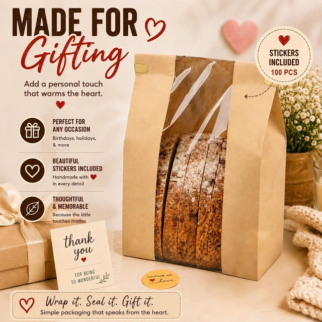 Alt view image 5 of 7 - 50 Pack Large Paper Sourdough Bread Bags with Tin Tie Tabs & 100 Stickers 14" X 8.3" X 3.5" Kraft Bags with Clear Window Bread Bags for Homemade Bread, Bakery Display, Cookies, Popcorn and Gifts