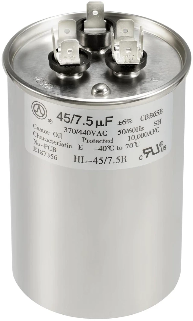 Main image of AC Capacitor 45+7.5 uF or 45/7.5 MFD ±6% 370V/440VAC CBB65 Dual Run Circular Start Capacitor for Heat Pump Air ConditionerTen Years of Coverage