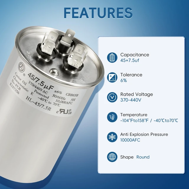 Alt view image 3 of 7 - AC Capacitor 45+7.5 uF or 45/7.5 MFD ±6% 370V/440VAC CBB65 Dual Run Circular Start Capacitor for Heat Pump Air ConditionerTen Years of Coverage