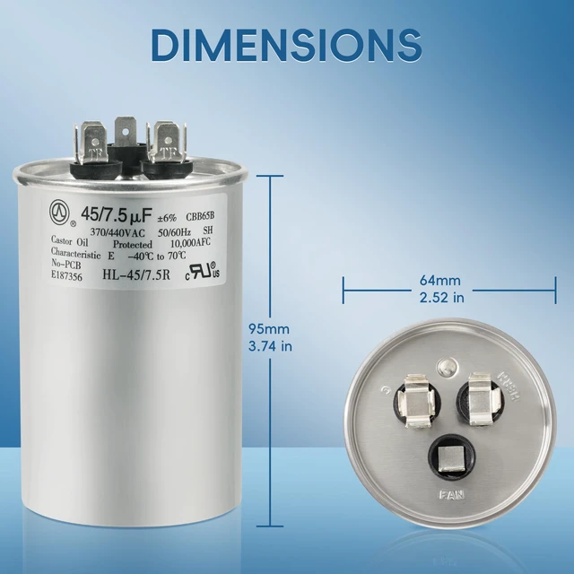 Alt view image 5 of 7 - AC Capacitor 45+7.5 uF or 45/7.5 MFD ±6% 370V/440VAC CBB65 Dual Run Circular Start Capacitor for Heat Pump Air ConditionerTen Years of Coverage