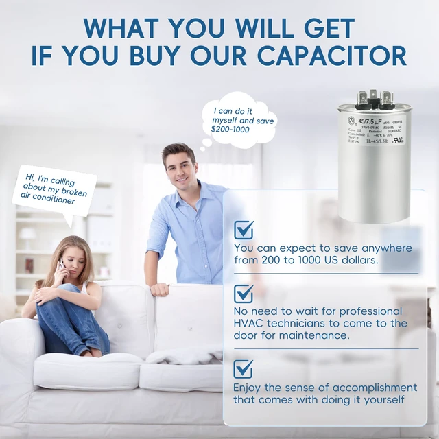 Alt view image 6 of 7 - AC Capacitor 45+7.5 uF or 45/7.5 MFD ±6% 370V/440VAC CBB65 Dual Run Circular Start Capacitor for Heat Pump Air ConditionerTen Years of Coverage