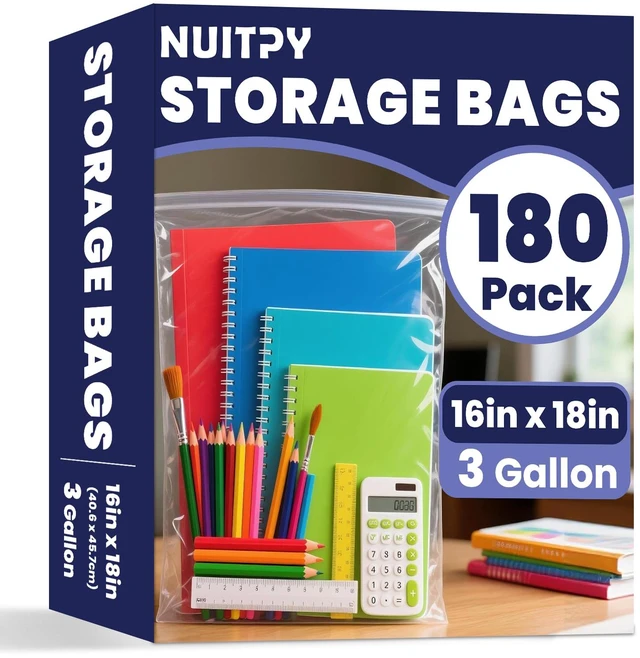 Main image of 180 Pack Large 3 Gallon Storage Bags with Zipper Top, 16 x 18in Zipper Bags Clear Plastic Bag for Storage, Reusable, Sealable Storage Bag for Clothes, Travel & Moving, Double-sided Thickness 4 Mil