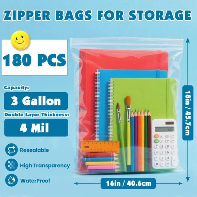 Alt view image 2 of 7 - 180 Pack Large 3 Gallon Storage Bags with Zipper Top, 16 x 18in Zipper Bags Clear Plastic Bag for Storage, Reusable, Sealable Storage Bag for Clothes, Travel & Moving, Double-sided Thickness 4 Mil